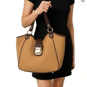 ✨ Chic Michael Kors Straw & Black Faux Leather Tote Bag ✨